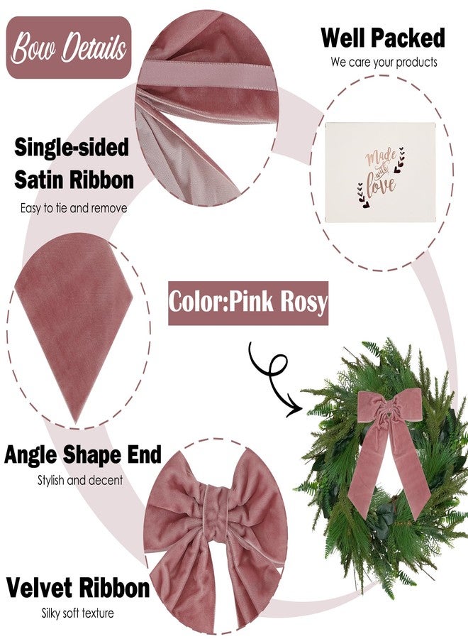 AIMUDI Pink Rosy Velvet Bows 7" Pink Premade Velvet Bows Christmas Bows for Gift Wrapping, Holiday Crafts, Wreaths, Garlands, Staircase, Home Outdoor Decor Winter Christmas Tree Decorations, 2 PCs - Image 3